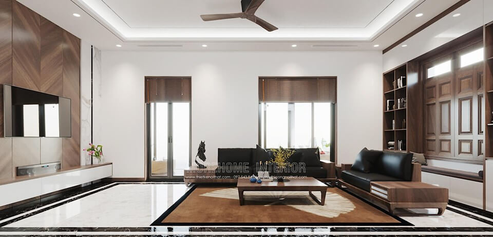 Thiết kế phòng khách gỗ óc chó cao cấp sang trọng cho biệt thự hiện đại tại Đông Anh Hà Nội Top các mẫu thiết kế phòng khách ưa chuộng nhất hiện nay