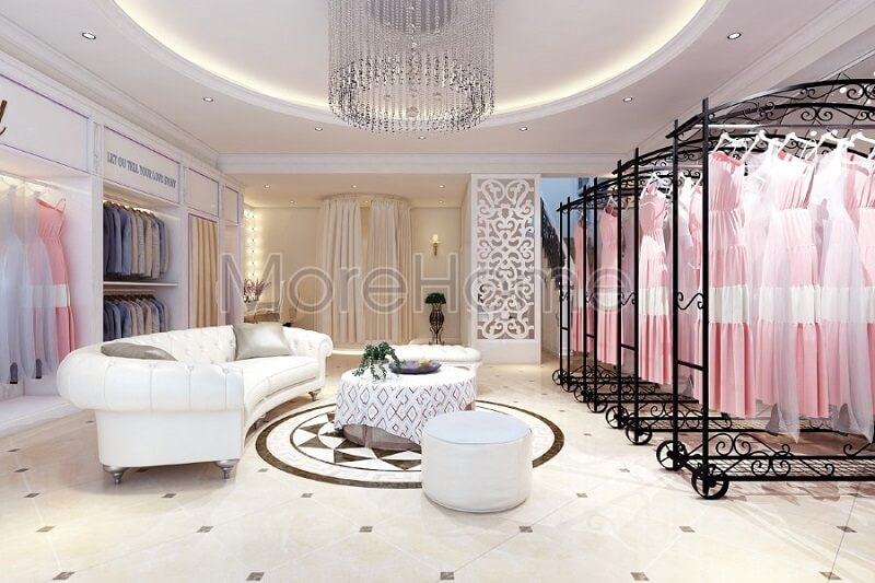 Mẫu thiết kế sofa bọc da tân cổ điển màu trắng cao cấp tạo điểm nhấn nổi bật cho showroom áo cưới thêm sang trọng, lộng lẫy sofa tân cổ điển