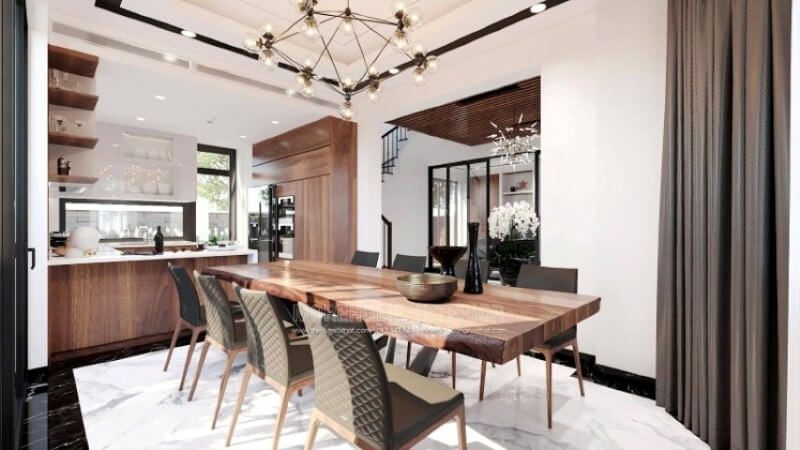 Sẽ là một gợi ý độc đáo với sự có mặt tủ bếp gỗ óc chó veneer nâu trầm kết hợp gam màu trắng sáng, long lanh từ tủ bếp trên gỗ công nghiệp acrylic và mặt bàn bếp đá granite. Sự tương phản giữa 2 sắc màu sẽ là ý tưởng tuyệt vời cho thiết kế nội thất phòng bếp hiện đại cho không gian nhà phố, biệt thự.