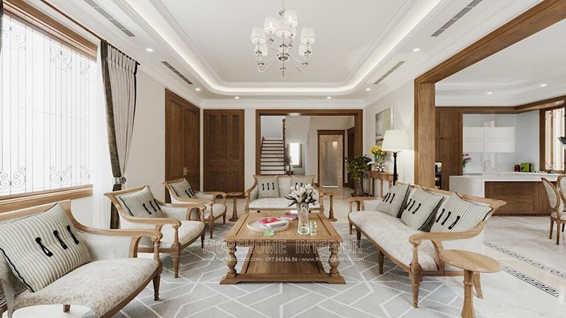 Thiết kế nội thất phòng khách biệt thự Bắc An Khánh phong cách á đông hiện đại
