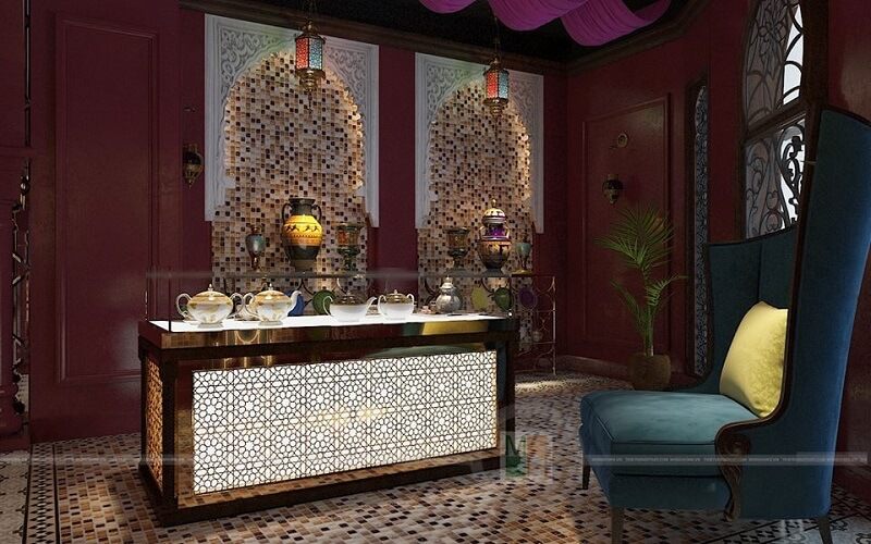Mẫu thiết kế phòng trà tại showroom Saffron được trang trí với những đồ nội thất có họa tiết nổi bật theo phong cách Iran- Địa Trung Hải.